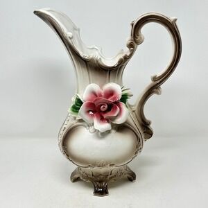 Capodimonte Italy Porcelain Rose Pitcher Ewer Ornate Floral Vase Cream Brown 11"